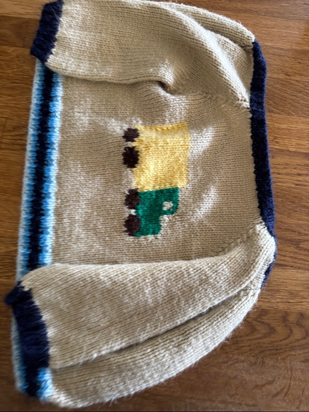 Hand-Knit Beige Baby Sweater with Yellow & Green Train